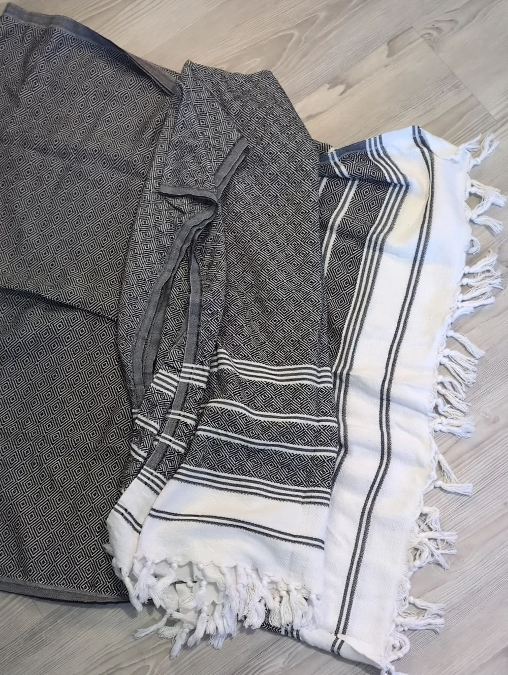 Turkish Peshtemal Style Towel Set 2 Bath Towels & Hand Towel Gray White Fringe B